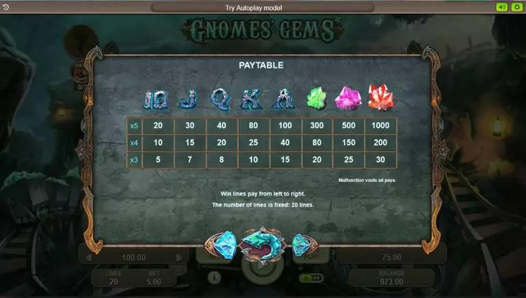  Info and Rules at Gnomes' Gems 5 Reel Mobile Real Slot created by Booongo