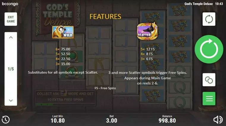  Bonus 1 at God's Temple Deluxe 6 Reel Mobile Real Slot created by Booongo