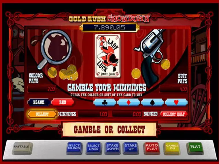  Gamble Screen at Gold Rush Showdown 5 Reel Mobile Real Slot created by 888