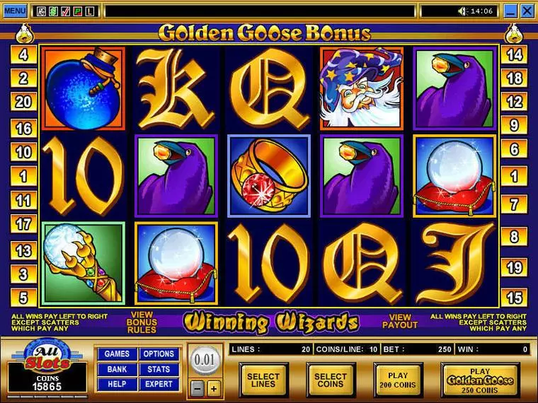  Main Screen Reels at Golden Goose - Winning Wizards 5 Reel Mobile Real Slot created by Microgaming