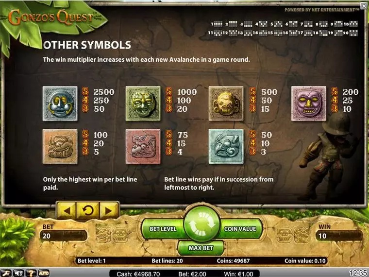  Info and Rules at Gonzo's Quest 5 Reel Mobile Real Slot created by NetEnt
