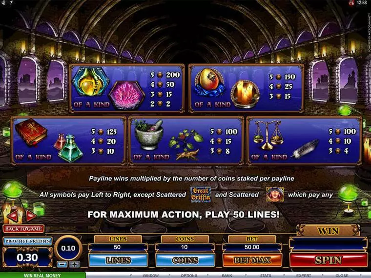  Info and Rules at Great Griffin 5 Reel Mobile Real Slot created by Microgaming