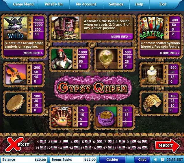  Info and Rules at Gypsy Queen 5 Reel Mobile Real Slot created by Leap Frog