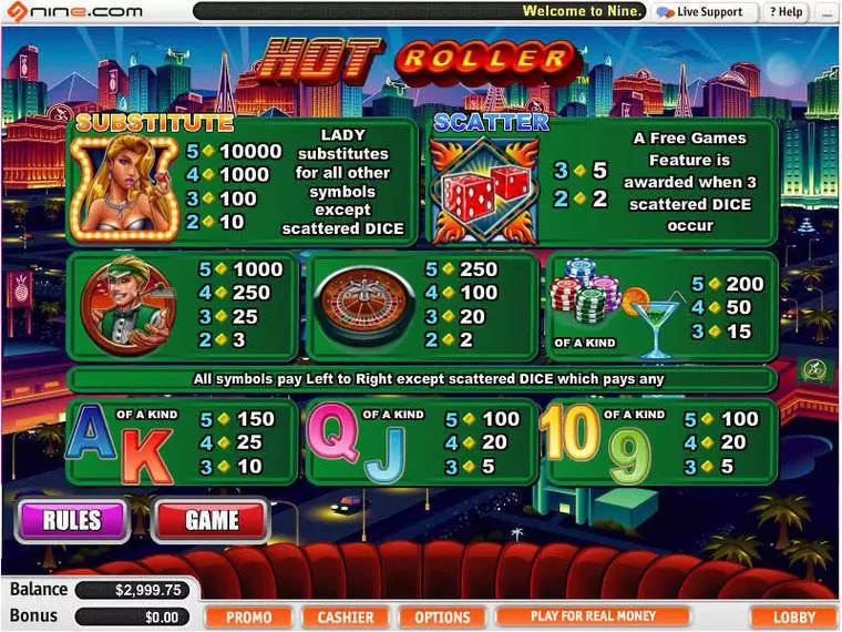  Info and Rules at Hot Roller 5 Reel Mobile Real Slot created by Vegas Technology