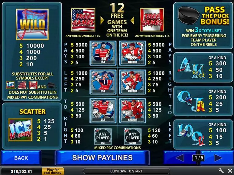  Info and Rules at Ice Hockey 5 Reel Mobile Real Slot created by PlayTech