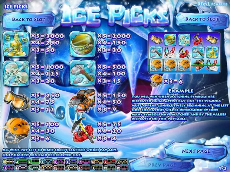 Info and Rules at Ice Picks 5 Reel Mobile Real Slot created by Rival