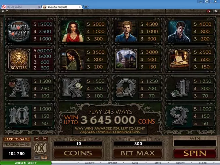  Info and Rules at Immortal Romance 5 Reel Mobile Real Slot created by Microgaming
