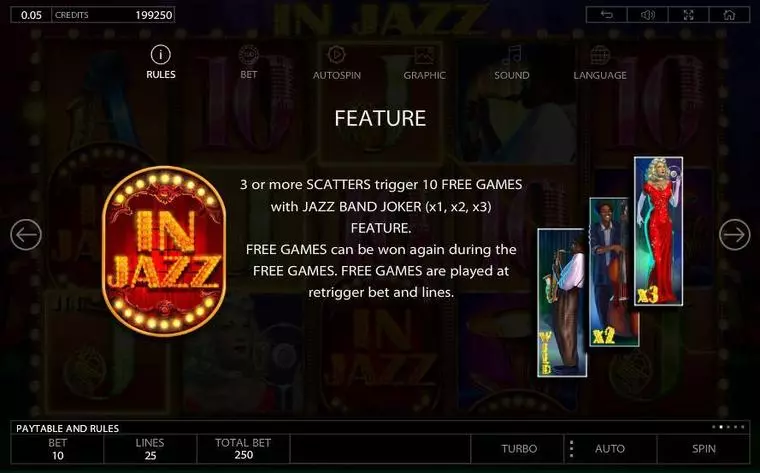  Info and Rules at In Jazz 5 Reel Mobile Real Slot created by Endorphina