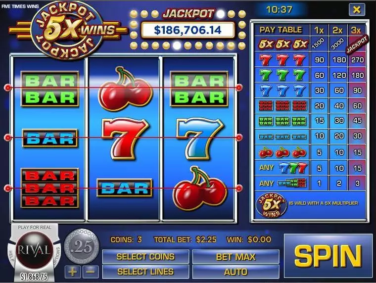  Main Screen Reels at Jackpot 5x Wins 3 Reel Mobile Real Slot created by Rival