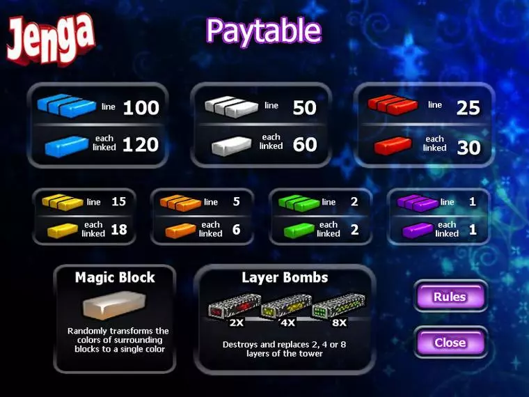  Info and Rules at Jenga 0 Reel Mobile Real Slot created by CryptoLogic