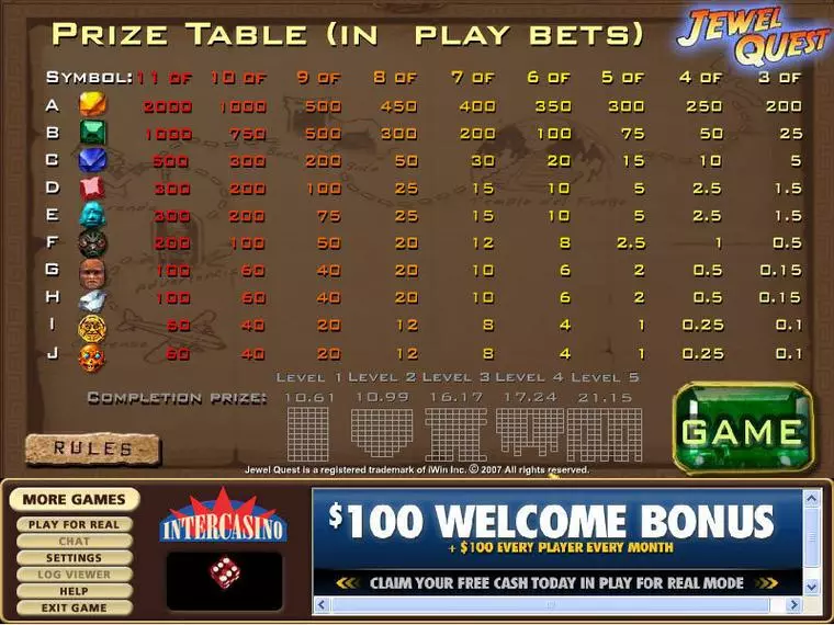  Info and Rules at Jewel Quest 6 Reel Mobile Real Slot created by CryptoLogic