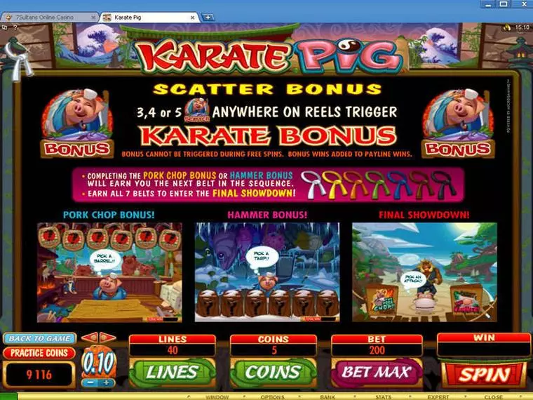  Bonus 1 at Karate Pig 5 Reel Mobile Real Slot created by Microgaming