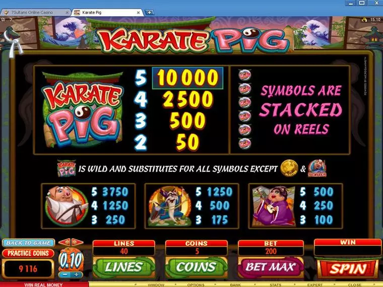  Info and Rules at Karate Pig 5 Reel Mobile Real Slot created by Microgaming