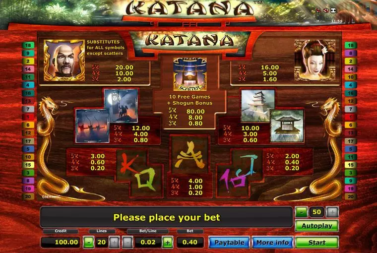  Info and Rules at Katana 5 Reel Mobile Real Slot created by Novomatic