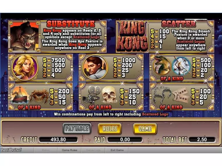  Info and Rules at King Kong 5 Reel Mobile Real Slot created by bwin.party