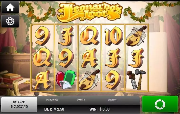 Introduction Screen at Leonardo's Loot 5 Reel Mobile Real Slot created by Rival