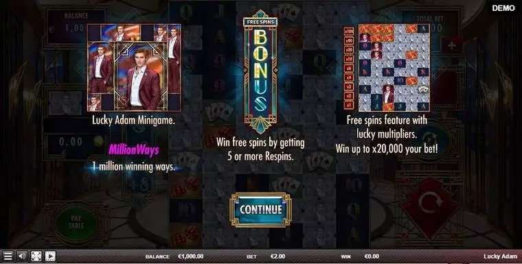  Info and Rules at Lucky Adam 6 Reel Mobile Real Slot created by Red Rake Gaming