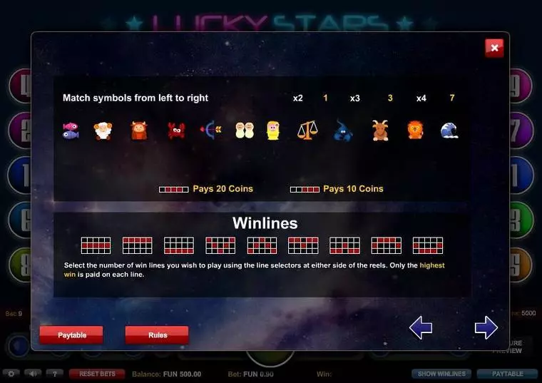  Paytable at Lucky Stars 4 Reel Mobile Real Slot created by 1x2 Gaming