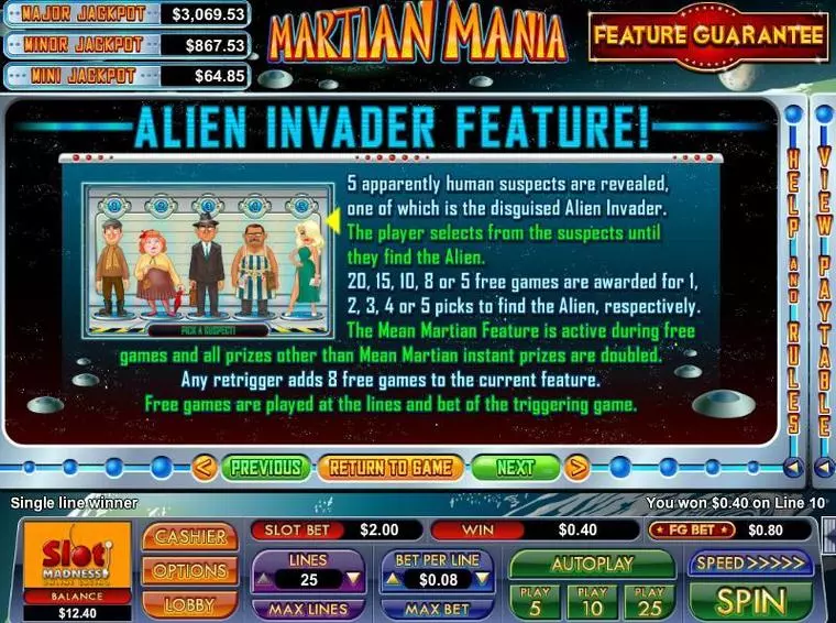  Info and Rules at Martian Mania 5 Reel Mobile Real Slot created by NuWorks