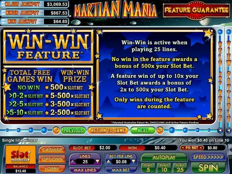  Info and Rules at Martian Mania 5 Reel Mobile Real Slot created by NuWorks