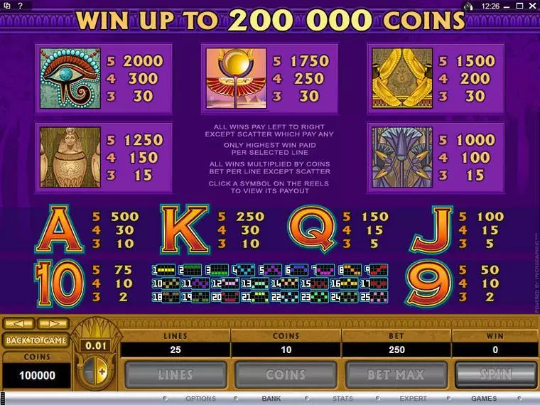  Info and Rules at Mega Moolah Isis 5 Reel Mobile Real Slot created by Microgaming