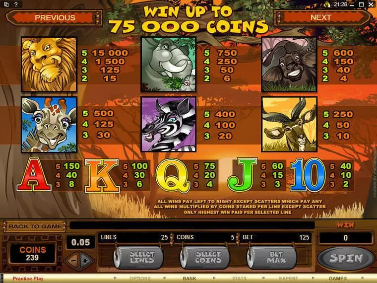  Info and Rules at Mega Moolah 5 Reel Mobile Real Slot created by Microgaming