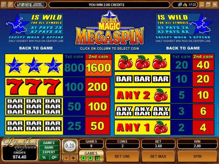  Info and Rules at Mega Spin - Double Magic 3 Reel Mobile Real Slot created by Microgaming