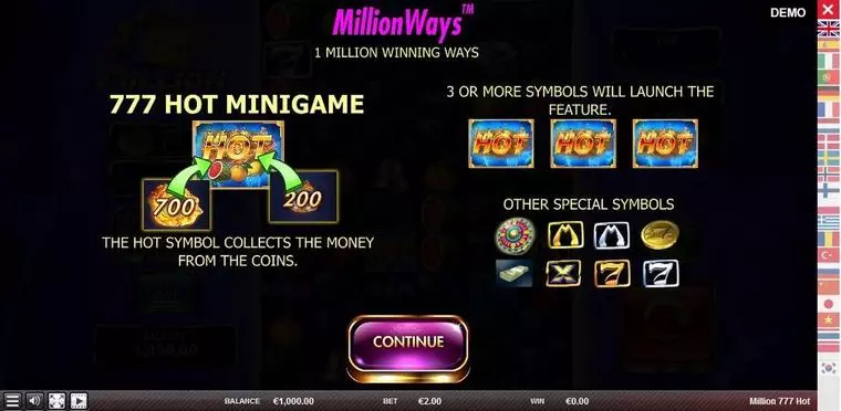  Info and Rules at Million 777 Hot 6 Reel Mobile Real Slot created by Red Rake Gaming