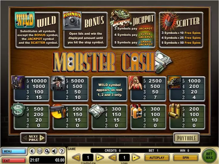 Info and Rules at Mobster Cash 5 Reel Mobile Real Slot created by GTECH