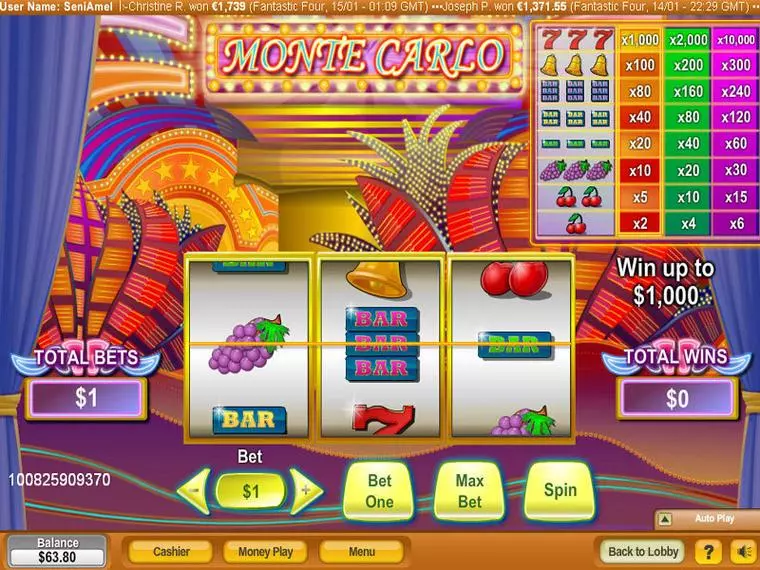  Main Screen Reels at Monte Carlo 3 Reel Mobile Real Slot created by NeoGames