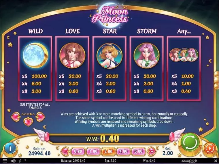  Info and Rules at Moon Princess 5 Reel Mobile Real Slot created by Play'n GO