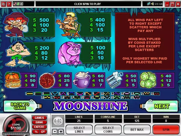  Info and Rules at Moonshine 5 Reel Mobile Real Slot created by Microgaming