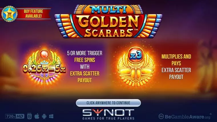  Introduction Screen at Multi Golden Scarab 3 Reel Mobile Real Slot created by Synot Games