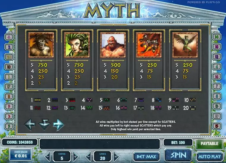 Info and Rules at Myth 5 Reel Mobile Real Slot created by Play'n GO