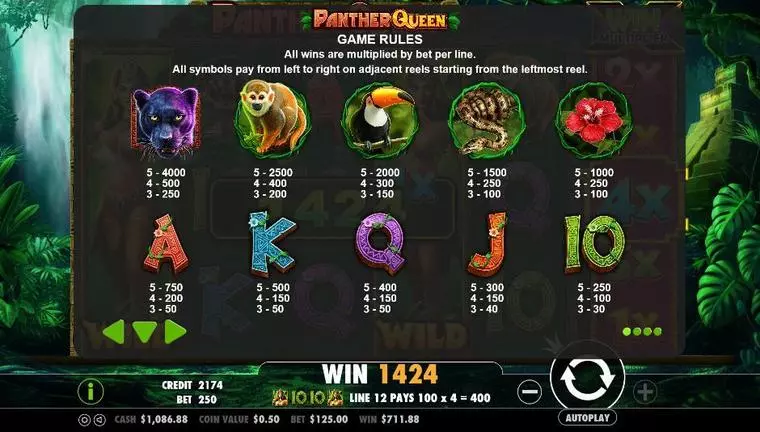  Info and Rules at Panther Queen 5 Reel Mobile Real Slot created by PartyGaming