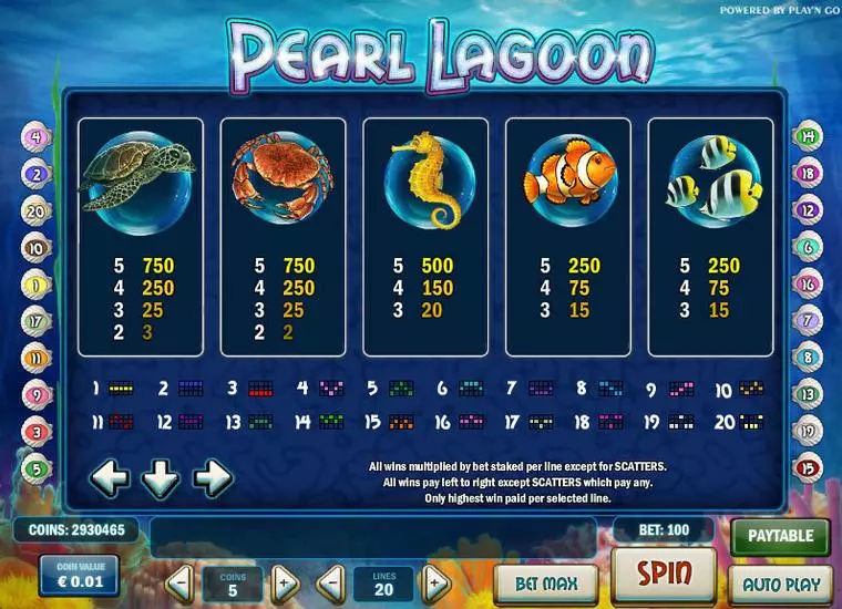  Info and Rules at Pearl Lagoon 5 Reel Mobile Real Slot created by Play'n GO