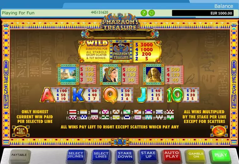  Info and Rules at Pharaohs Treasure  Mobile Real Slot created by PlayTech