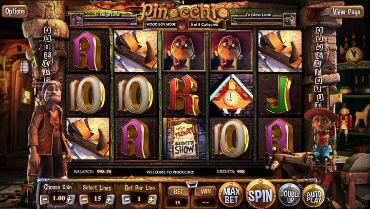  Introduction Screen at Pinocchio 5 Reel Mobile Real Slot created by BetSoft