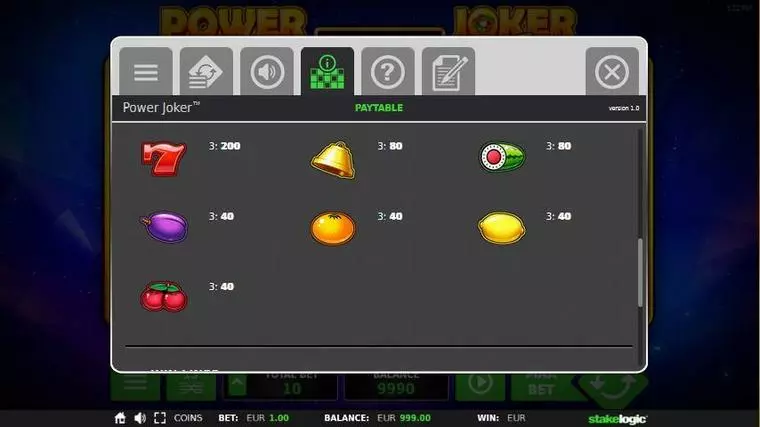  Paytable at Power Joker 5 Reel Mobile Real Slot created by StakeLogic