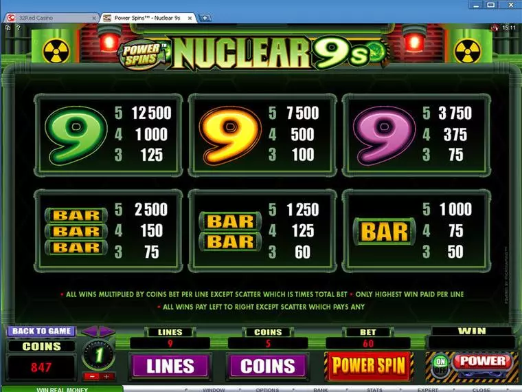  Info and Rules at Power Spins - Nuclear 9's 5 Reel Mobile Real Slot created by Microgaming