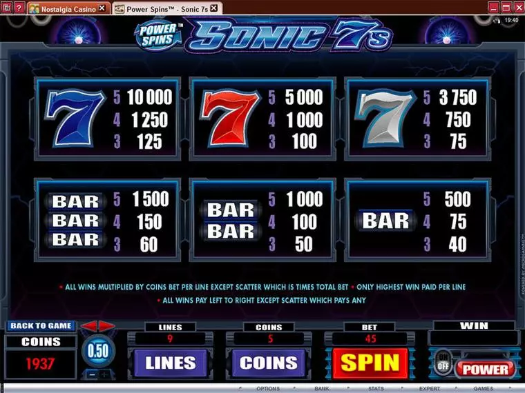  Info and Rules at Power Spins - Sonic 7's 5 Reel Mobile Real Slot created by Microgaming