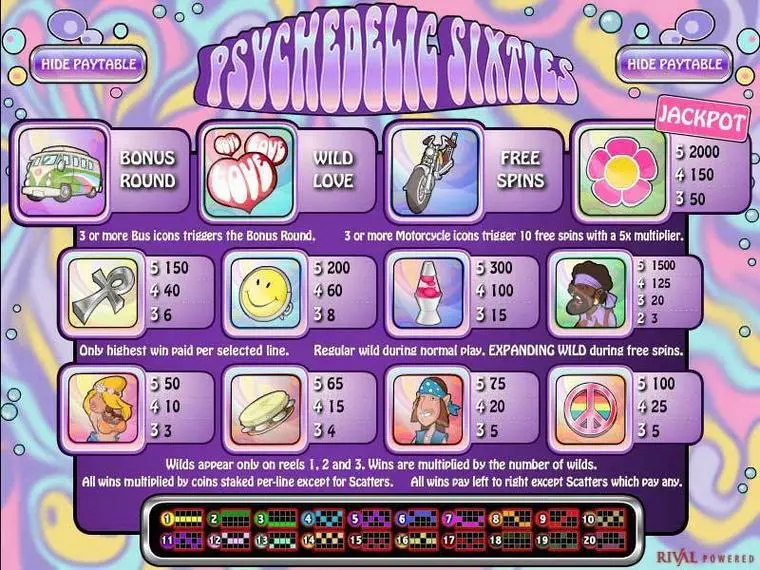  Info and Rules at Psychedelic Sixties 5 Reel Mobile Real Slot created by Rival