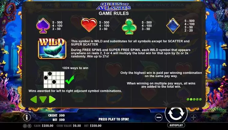  Info and Rules at Queen of Atlantis 5 Reel Mobile Real Slot created by Pragmatic Play