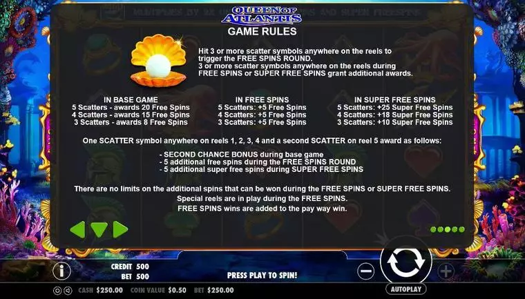  Info and Rules at Queen of Atlantis 5 Reel Mobile Real Slot created by Pragmatic Play