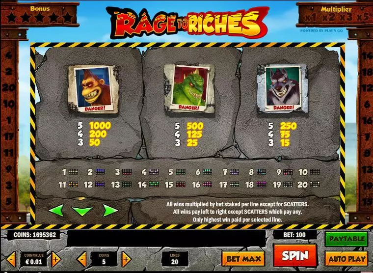  Info and Rules at Rage to Riches 5 Reel Mobile Real Slot created by Play'n GO
