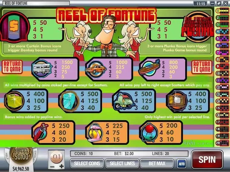  Info and Rules at Reel of Fortune 5 Reel Mobile Real Slot created by Rival