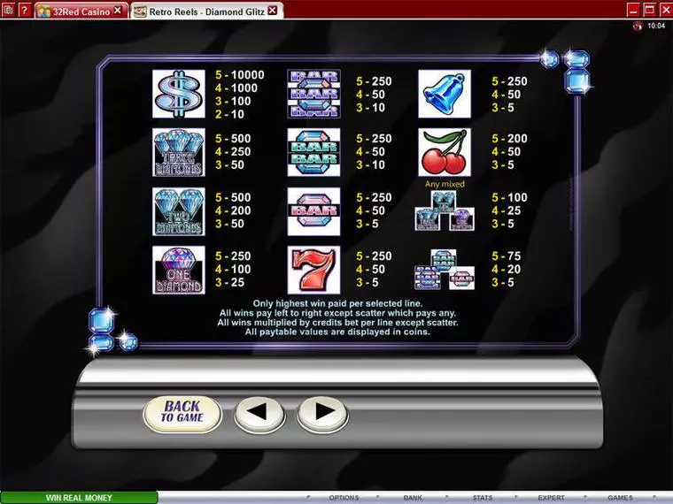  Info and Rules at Retro Reels - Diamond Glitz 5 Reel Mobile Real Slot created by Microgaming