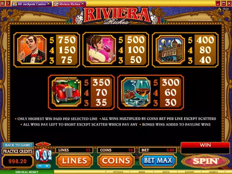  Info and Rules at Riviera Riches 5 Reel Mobile Real Slot created by Microgaming