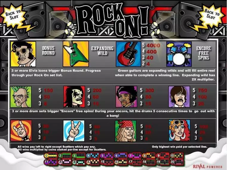  Info and Rules at Rock On 5 Reel Mobile Real Slot created by Rival
