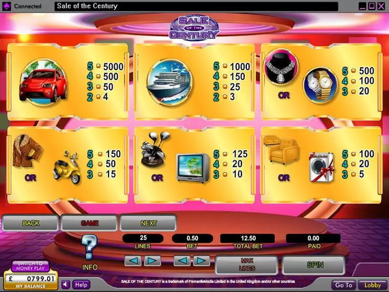  Info and Rules at Sale of the Century 5 Reel Mobile Real Slot created by OpenBet